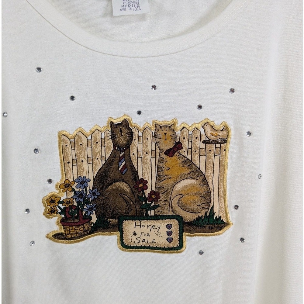 Quacker‎ Factory Shirt Womens Medium Ivory Cat Applique Rhinestones Garden Cute